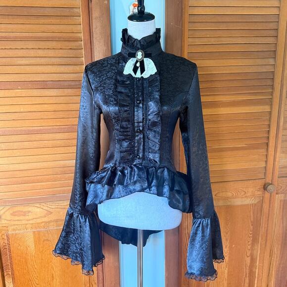 Gothic Victorian Aristocrat Visual Kei Black Brocade Small Jabot Ruffle Shirt - Picture 1 of 8
